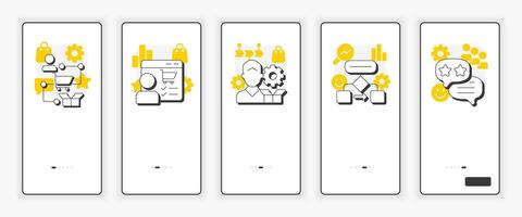 Gap analysis tools mobile onboarding screen. Corporate performance improvement UX UI illustration. Flat outline style icons with yellow accent vector