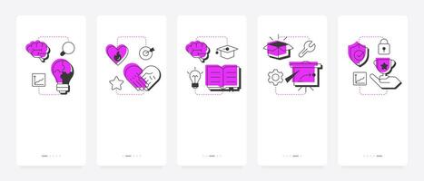 ADKAR model mobile app onboarding screens. Organizational change management. Corporate business development. Flat UI UX design, pink highlight with outline icons conceptual vector