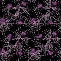 Spider black widow Latrodectus occidentalis and web. seamless pattern with black spider in flat style. Dangerous poisonous insect on black background for Halloween. vector