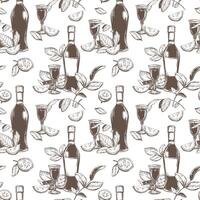 Bottle of Italian liqueur Nocino, glass with aperitif. seamless pattern in engraving technique. Unripe walnut seeds whole and halves, leaves and branches. Linear sketch. vector