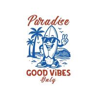 Beach surfboard retro character, summer beach surfboard t shirt design vector