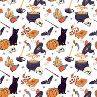 Halloween pattern with cats and spooky items vector