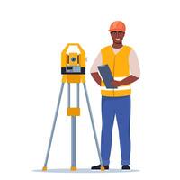 Surveyor Or Engineer Wearing Hard Hat and Safety Vest, Work with Surveying Tripod And Theodolite Equipment. Character Surveying Land, Construction Layout And Mapping Projects. Illustration vector