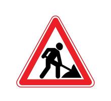 Road works sign, under construction. Warning red road sign, triangle shape with red border, working man. illustration. vector