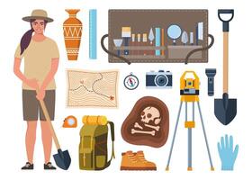 Archaeology tools and a young explorer vector