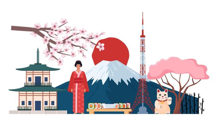 Japanese Traditional culture symbols composition. Geisha, Mount Fuji, Maneki Neko lucky cat, sakura, pagoda, bamboo, torii gate. Travel to Japan. illustration.