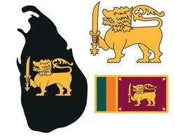 Sri Lankan national flag with lion symbol, Sri Lankan map silhouette vector