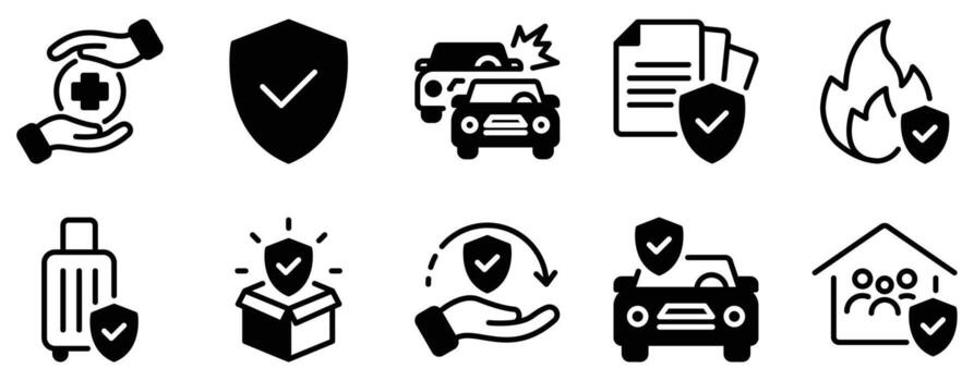 seguro icono conjunto sólido estilo colección representando proteccion cobertura y riesgo administración adecuado para seguro servicios financiero plataformas y cliente apoyo herramientas vector