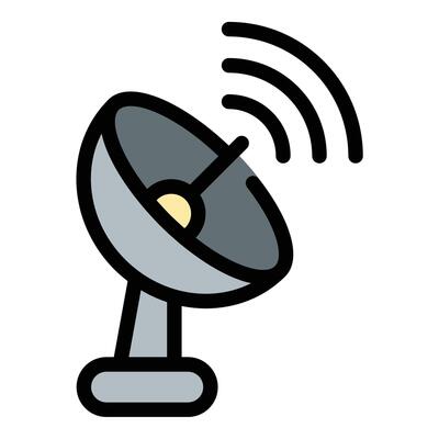 Satellite dish icon flat line style illustration representing signal transmission and global communication, suitable for telecommunications, broadcasting, and space technology projects