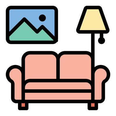 Interior design icon flat line style illustration representing space planning and aesthetic enhancement, suitable for home decor, architectural projects, and creative design presentations