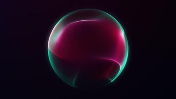 Multicolored gradient energy sphere from glowing waveform plasma particles on dark futuristic background. Red green magic orb flowing abstract screensaver for business. 4k 60fps looped graphic. video