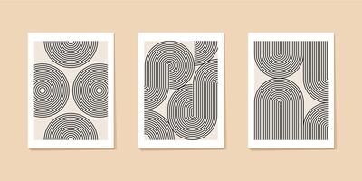 Black white abstract poster set. Arch shape, curved line pattern. Retro circles, knots, sun moon fall figures. Geometric optical illusion minimalist art, organic rainbow shape, boho arc bw bg vector