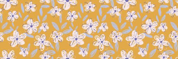 Seamless pattern with abstract flowers and leaves on a mustard yellow background. Hand drawn crayon texture floral. Template for design, ornament, cover, summer decor, stationary, fabric vector