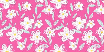Seamless floral pattern with hand drawn crayon style flowers and textured leaves on a pink background. Template for textiles, kids decor, and wrapping paper, prints vector