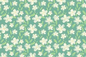 Seamless floral pattern with hand drawn flowers and green leaves on a soft mint background. Delicate, pastel design for textiles, wrapping paper, and stationery vector