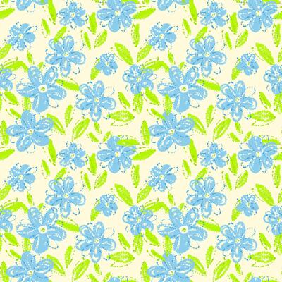 Seamless floral pattern with hand drawn blue flowers and green leaves on a light beige background. Artistic and playful design for textiles and kids products, summer or spring decor