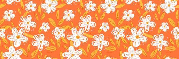 Seamless floral pattern with crayon style flowers and yellow centers on a vibrant orange background. Abstract hand drawn texture, template for summer textiles and wrapping paper vector