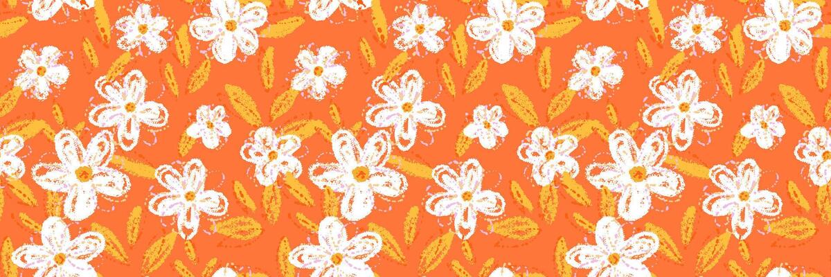 Seamless floral pattern with crayon style flowers and yellow centers on a vibrant orange background. Abstract hand drawn texture, template for summer textiles and wrapping paper