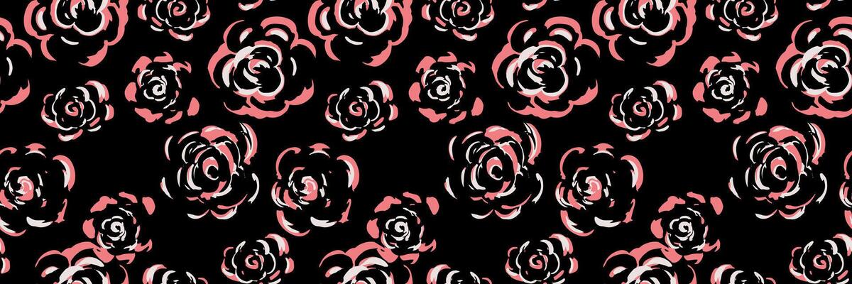 Seamless pattern with hand drawn abstract roses. Red flowers on a black background. Artistic floral design for textiles, wallpapers, decor, packaging, branding
