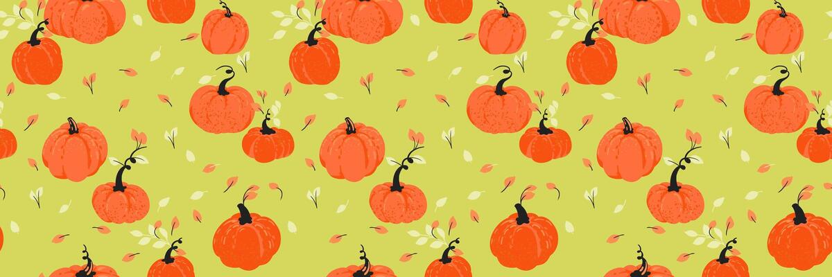Seamless pattern with hand drawn pumpkins and falling leaves on a vivid green background. Template for autumn decor, Thanksgiving, seasonal packaging, and Halloween themed designs