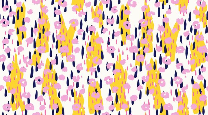 Seamless abstract pattern with bold yellow shapes, navy blue and pink raindrop elements, and hand drawn floral dots. Modern, playful design for textiles, wrapping, or digital backgrounds