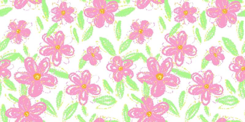 Seamless floral pattern with pink abstract daisy like flowers and green leaves with textured brush strokes. Template for textiles, wallpapers, packaging, and kids decor