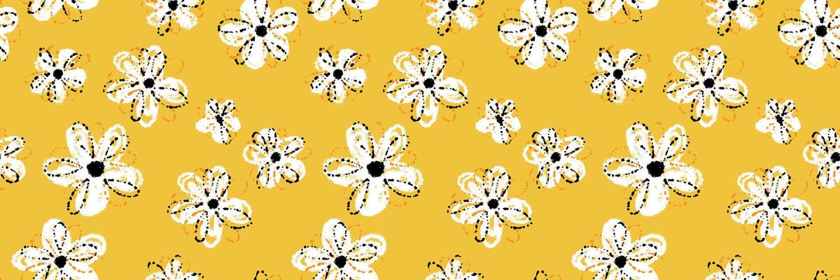 Seamless pattern with sketchy white daisies and black centers on a yellow background. Playful and cheerful design for children s products, stationery, summer and spring themes