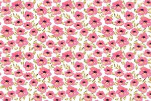 Seamless pattern of pink hand painted flowers with green leaves on white background. Artistic floral design with bold watercolor texture. Template for textiles, prints, and surface design vector