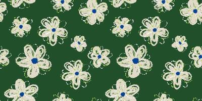 Seamless floral pattern with playful hand drawn daisies on a deep green background. Paint splashes and artistic touch. Template for design, abstract background, textiles, wrapping cover, fabric vector