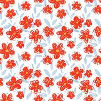 Seamless pattern with red crayon style flowers and blue leaves on a white background. Playful and vivid design for kids, textiles, wrapping paper, summer and spring theme vector