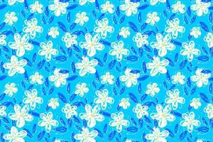 Seamless floral pattern with vivid abstract flowers and leaves on a vibrant blue background. Artistic and playful style for textiles, packaging, and stationery design vector