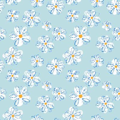Seamless floral pattern with hand drawn white daisies and orange centers on a soft blue background. Playful and fresh design for textiles, kids products, and spring themes