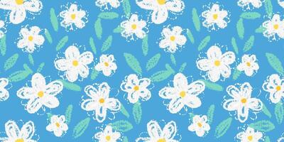 Seamless floral pattern with hand drawn white crayon style flowers, yellow centers, and textured green leaves on a vibrant blue background. Template for textiles, kids decor, and wrapping paper vector