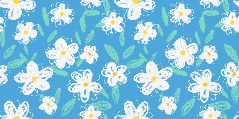 Seamless floral pattern with hand drawn white crayon style flowers, yellow centers, and textured green leaves on a vibrant blue background. Template for textiles, kids decor, and wrapping paper
