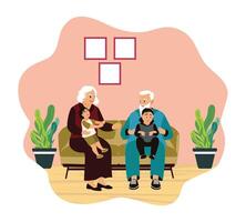 Grandparents playing with grandchildren at home. vector