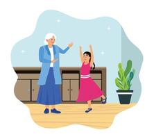 Grandmother and granddaughter joyfully dancing in the house. vector