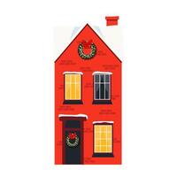 Charming Christmas Cottage featuring a beautifully adorned Wreath and a Snowy Top Roof vector