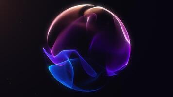 Abstract glowing sphere with neon light waves on black background. Futuristic energy flow, vibrant colors, tech and science style. Perfect for digital art or modern technology. 4k 60fps looped graphic video