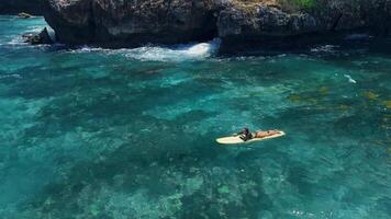 Woman on surfboard in blue ocean and crashing waves. Surf girl on longboard during surfing. video