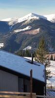 Cozy wooden cabin with a snow-covered roof in the mountains, surrounded by evergreen trees and video