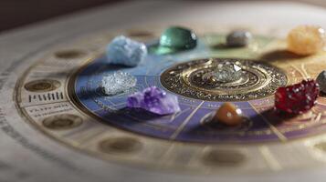 Astrological chart with healing crystals. photo