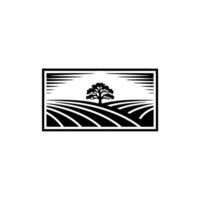 Serene Landscape Emblem Rustic Tree Silhouette on Rolling Hills vector