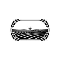 Rustic Harvest Emblem Silhouette of a Scarecrow in a Rolling Field vector