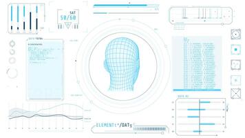 Animated high-tech display with person identification and data processing video