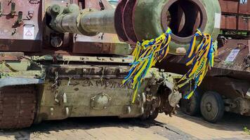 Kyiv, Ukraine, July 29, 2023, Close up Muzzle of a Tank on Display with Destroyed Russian Military Equipment in the City Center During the War in Ukraine. Support Ukraine. Stop the War in Ukraine. video