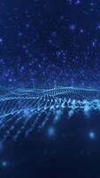 Abstract blue digital landscape with glowing particles and a futuristic grid forming waves in a starry space video