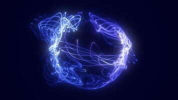 Light blue and white glowing energy ribbons forming a digital sphere with flowing particle streams video