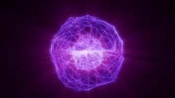 Glowing violet abstract sphere with bright neon geometric network, creating a vibrant futuristic energy structure video