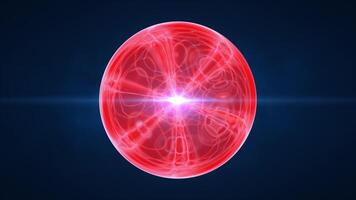 Bright red glowing energy sphere emitting intense light rays in a dark space environment video