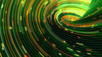 Vibrant green and yellow abstract swirl with glowing lines and scattered light particles, creating a dynamic, energetic digital pattern video